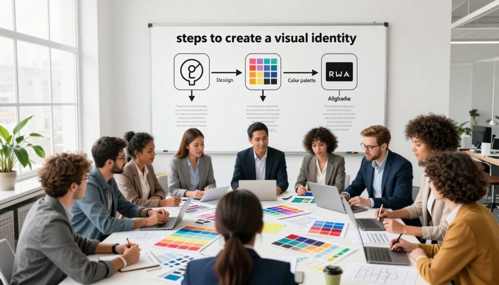 A vibrant illustration depicting the "steps to create a visual identity". In the foreground, a diverse group of professionals, dressed in business attire, collaborate around a large table filled with colorful design materials like mood boards, color swatches, and sketches. The middle ground features a large whiteboard with outlined steps for developing a visual identity, including logo design, color palette selection, typography, and branding strategy. The background includes a bright, modern office space with large windows letting in natural light, creating an optimistic and creative atmosphere. The composition should be dynamic, using a slightly elevated angle to encompass the entire scene, evoking a sense of teamwork and innovation. The overall mood is inspiring and professional, inviting viewers into the world of visual branding creation. A vibrant illustration depicting the "steps to create a visual identity". In the foreground, a diverse group of professionals, dressed in business attire, collaborate around a large table filled with colorful design materials like mood boards, color swatches, and sketches. The middle ground features a large whiteboard with outlined steps for developing a visual identity, including logo design, color palette selection, typography, and branding strategy. The background includes a bright, modern office space with large windows letting in natural light, creating an optimistic and creative atmosphere. The composition should be dynamic, using a slightly elevated angle to encompass the entire scene, evoking a sense of teamwork and innovation. The overall mood is inspiring and professional, inviting viewers into the world of visual branding creation.
