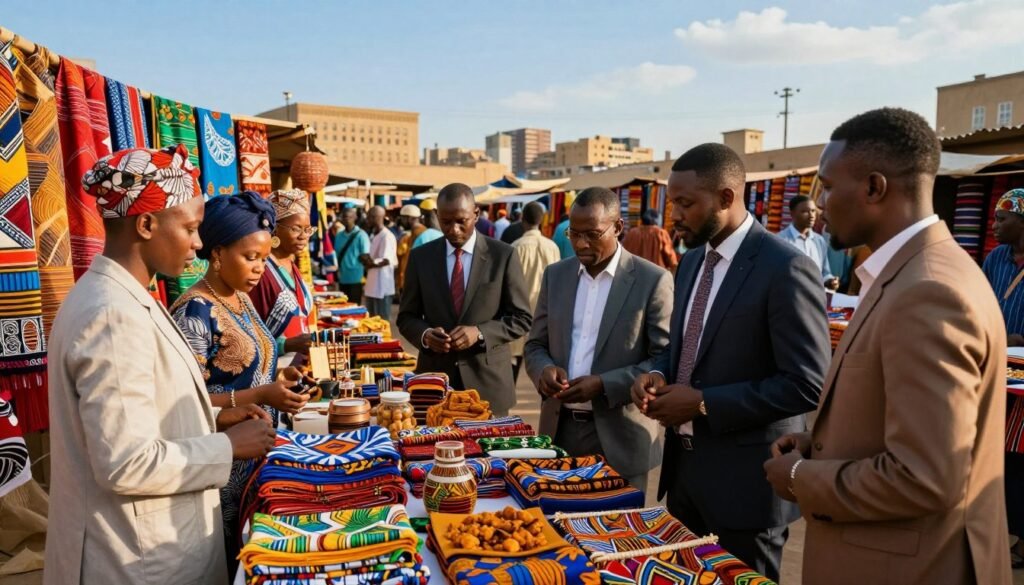 A vibrant market scene showcasing emerging import products from Africa. In the foreground, a diverse group of professionals wearing smart business attire engage in discussions while analyzing colorful textiles, handcrafted goods, and unique food items. The middle ground features stalls brimming with these products, highlighting their textures and vivid colors, such as rich fabrics, intricate jewelry, and traditional crafts. The background reveals a city skyline with hints of African architecture under a bright blue sky. The lighting is warm and inviting, reminiscent of late afternoon, casting soft shadows. The atmosphere is dynamic and collaborative, reflecting the spirit of entrepreneurship and innovation in African trade. The image should be highly detailed, capturing the essence of Africa's vibrant emerging market scene. A vibrant market scene showcasing emerging import products from Africa. In the foreground, a diverse group of professionals wearing smart business attire engage in discussions while analyzing colorful textiles, handcrafted goods, and unique food items. The middle ground features stalls brimming with these products, highlighting their textures and vivid colors, such as rich fabrics, intricate jewelry, and traditional crafts. The background reveals a city skyline with hints of African architecture under a bright blue sky. The lighting is warm and inviting, reminiscent of late afternoon, casting soft shadows. The atmosphere is dynamic and collaborative, reflecting the spirit of entrepreneurship and innovation in African trade. The image should be highly detailed, capturing the essence of Africa's vibrant emerging market scene.