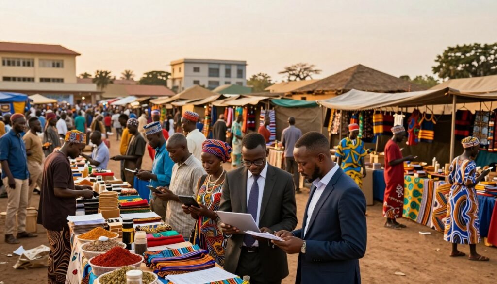 A vibrant marketplace scene in Africa, showcasing the diverse regional characteristics. In the foreground, a group of entrepreneurs in professional attire collaborate over digital devices and documents, drawing inspiration from their surroundings. The middle ground features colorful stalls adorned with traditional crafts, spices, and textiles, representing various African cultures. In the background, the landscape includes a mix of modern buildings and traditional huts, symbolizing the fusion between innovation and heritage. The lighting is warm and inviting, capturing the golden hues of sunset, creating a dynamic atmosphere. The composition should be dynamic, possibly shot from a slightly elevated angle to encompass the bustling activity, reflecting both the energy of entrepreneurship and the richness of regional cultures. A vibrant marketplace scene in Africa, showcasing the diverse regional characteristics. In the foreground, a group of entrepreneurs in professional attire collaborate over digital devices and documents, drawing inspiration from their surroundings. The middle ground features colorful stalls adorned with traditional crafts, spices, and textiles, representing various African cultures. In the background, the landscape includes a mix of modern buildings and traditional huts, symbolizing the fusion between innovation and heritage. The lighting is warm and inviting, capturing the golden hues of sunset, creating a dynamic atmosphere. The composition should be dynamic, possibly shot from a slightly elevated angle to encompass the bustling activity, reflecting both the energy of entrepreneurship and the richness of regional cultures.