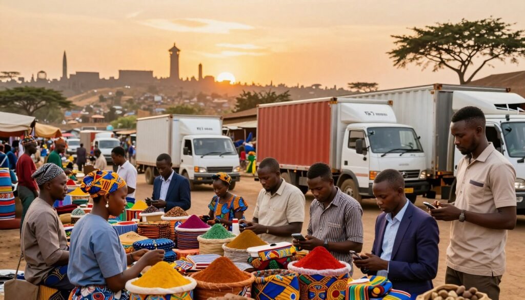 A vibrant marketplace scene in Africa, showcasing the dynamic trends in logistics and commerce. In the foreground, diverse vendors of different ethnic backgrounds display unique African products such as textiles, spices, and handcrafted goods, all in bright, engaging colors, while wearing professional business attire. The middle ground captures bustling activity, with delivery trucks and cargo containers symbolizing modern logistics advancements. In the background, a silhouette of iconic African landmarks and natural landscapes against a warm sunset sky conveys the rich historical context of trade in the region. The lighting is soft yet illuminating, highlighting the energy and transformation of African commerce. The overall mood is hopeful and thriving, representing growth and connectivity in trade. A vibrant marketplace scene in Africa, showcasing the dynamic trends in logistics and commerce. In the foreground, diverse vendors of different ethnic backgrounds display unique African products such as textiles, spices, and handcrafted goods, all in bright, engaging colors, while wearing professional business attire. The middle ground captures bustling activity, with delivery trucks and cargo containers symbolizing modern logistics advancements. In the background, a silhouette of iconic African landmarks and natural landscapes against a warm sunset sky conveys the rich historical context of trade in the region. The lighting is soft yet illuminating, highlighting the energy and transformation of African commerce. The overall mood is hopeful and thriving, representing growth and connectivity in trade.