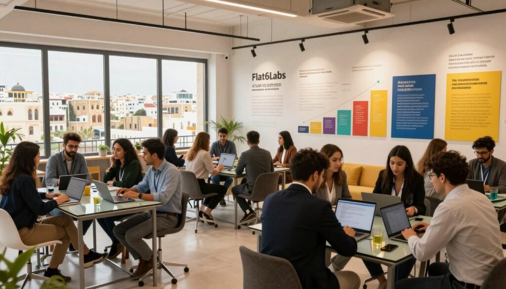A vibrant, modern coworking space bustling with energy, symbolizing the dynamic entrepreneurial ecosystem of Flat6Labs Tunisia. In the foreground, diverse young professionals in business attire collaborate around sleek glass tables, engaging in discussions and using laptops. The middle ground features a large wall adorned with inspiring startup success stories and colorful infographics representing growth and innovation. The background shows large windows letting in natural light, with views of a cityscape that combines traditional and contemporary architecture, illustrating Tunisia’s rich cultural heritage. The atmosphere is lively and optimistic, with soft, warm lighting that adds a welcoming touch. Use a wide-angle lens to capture the entire setting, emphasizing the sense of community and collaboration. A vibrant, modern coworking space bustling with energy, symbolizing the dynamic entrepreneurial ecosystem of Flat6Labs Tunisia. In the foreground, diverse young professionals in business attire collaborate around sleek glass tables, engaging in discussions and using laptops. The middle ground features a large wall adorned with inspiring startup success stories and colorful infographics representing growth and innovation. The background shows large windows letting in natural light, with views of a cityscape that combines traditional and contemporary architecture, illustrating Tunisia’s rich cultural heritage. The atmosphere is lively and optimistic, with soft, warm lighting that adds a welcoming touch. Use a wide-angle lens to capture the entire setting, emphasizing the sense of community and collaboration.