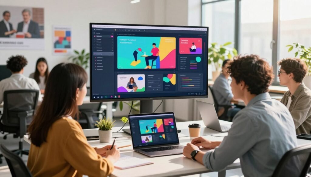 A vibrant, modern workspace setting focused on digital content creation. In the foreground, a diverse group of professionals—two women and a man—all dressed in smart casual attire, are engaged in an animated discussion over a sleek laptop displaying stunning visual presentations. The middle layer features a large screen showcasing a colorful, dynamic infographic created using the Gamma tool, illustrating its innovative capabilities in visual content creation. The background reveals a well-lit office environment filled with creative elements, such as posters of successful presentations, plants, and ergonomic furniture, enhancing the atmosphere of collaboration and creativity. Soft, natural sunlight streams through large windows, casting a warm glow over the scene, evoking a sense of inspiration and productivity. A vibrant, modern workspace setting focused on digital content creation. In the foreground, a diverse group of professionals—two women and a man—all dressed in smart casual attire, are engaged in an animated discussion over a sleek laptop displaying stunning visual presentations. The middle layer features a large screen showcasing a colorful, dynamic infographic created using the Gamma tool, illustrating its innovative capabilities in visual content creation. The background reveals a well-lit office environment filled with creative elements, such as posters of successful presentations, plants, and ergonomic furniture, enhancing the atmosphere of collaboration and creativity. Soft, natural sunlight streams through large windows, casting a warm glow over the scene, evoking a sense of inspiration and productivity.