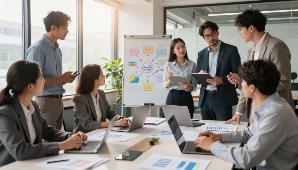 A vibrant office space showcasing a collaborative business environment focused on financing options. In the foreground, a diverse group of professionals in smart, professional attire engages in discussion around a large table covered with financial documents, laptops, and charts. The middle ground features a whiteboard with colorful diagrams representing financing strategies. The background holds large windows with natural light streaming through, casting a warm glow over the scene. The atmosphere conveys a sense of determination and innovation, with plants adding a touch of vitality. The image captures a dynamic moment of brainstorming and collaboration, embodying the essence of understanding funding solutions for businesses. A vibrant office space showcasing a collaborative business environment focused on financing options. In the foreground, a diverse group of professionals in smart, professional attire engages in discussion around a large table covered with financial documents, laptops, and charts. The middle ground features a whiteboard with colorful diagrams representing financing strategies. The background holds large windows with natural light streaming through, casting a warm glow over the scene. The atmosphere conveys a sense of determination and innovation, with plants adding a touch of vitality. The image captures a dynamic moment of brainstorming and collaboration, embodying the essence of understanding funding solutions for businesses.