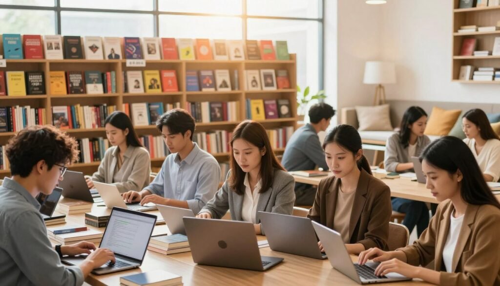 A vibrant online bookstore scene showcasing the major advantages of AbeBooks for buyers. In the foreground, a diverse group of people, dressed in smart casual attire, are enthusiastically browsing books on laptops and tablets. In the middle ground, a large, inviting bookshelf is filled with an array of colorful book covers, illustrating various genres. A bright, warm light filters through a large window, casting a friendly glow over the space, creating an atmosphere of comfort and curiosity. The background features soft, blurred details of cozy reading nooks with cushions and lamps, suggesting a welcoming environment. The overall mood is inviting and engaging, reflecting the joys of discovering books online. A vibrant online bookstore scene showcasing the major advantages of AbeBooks for buyers. In the foreground, a diverse group of people, dressed in smart casual attire, are enthusiastically browsing books on laptops and tablets. In the middle ground, a large, inviting bookshelf is filled with an array of colorful book covers, illustrating various genres. A bright, warm light filters through a large window, casting a friendly glow over the space, creating an atmosphere of comfort and curiosity. The background features soft, blurred details of cozy reading nooks with cushions and lamps, suggesting a welcoming environment. The overall mood is inviting and engaging, reflecting the joys of discovering books online.