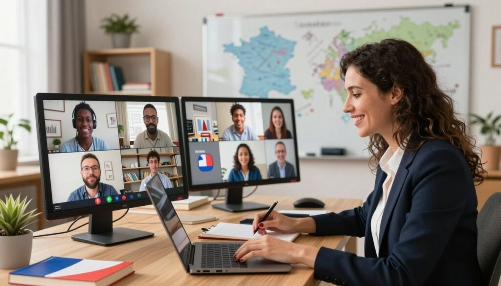 A vibrant online marketplace for French teachers, showcasing diverse professionals in various settings. In the foreground, a friendly French teacher, dressed in professional business attire, engages with a student via a laptop. In the middle ground, multiple teachers of different backgrounds can be seen in video calls with students, each in cozy home offices adorned with French educational materials, books, and cultural decor. The background features a soft-focus virtual classroom environment, dotted with digital whiteboards and maps of France. Warm, inviting lighting bathes the scene, creating a motivating, collaborative atmosphere, emphasizing accessibility and personal connection in language learning. The perspective is slightly angled as if the viewer is part of the experience, capturing the engaging essence of finding the right French teacher online. A vibrant online marketplace for French teachers, showcasing diverse professionals in various settings. In the foreground, a friendly French teacher, dressed in professional business attire, engages with a student via a laptop. In the middle ground, multiple teachers of different backgrounds can be seen in video calls with students, each in cozy home offices adorned with French educational materials, books, and cultural decor. The background features a soft-focus virtual classroom environment, dotted with digital whiteboards and maps of France. Warm, inviting lighting bathes the scene, creating a motivating, collaborative atmosphere, emphasizing accessibility and personal connection in language learning. The perspective is slightly angled as if the viewer is part of the experience, capturing the engaging essence of finding the right French teacher online.