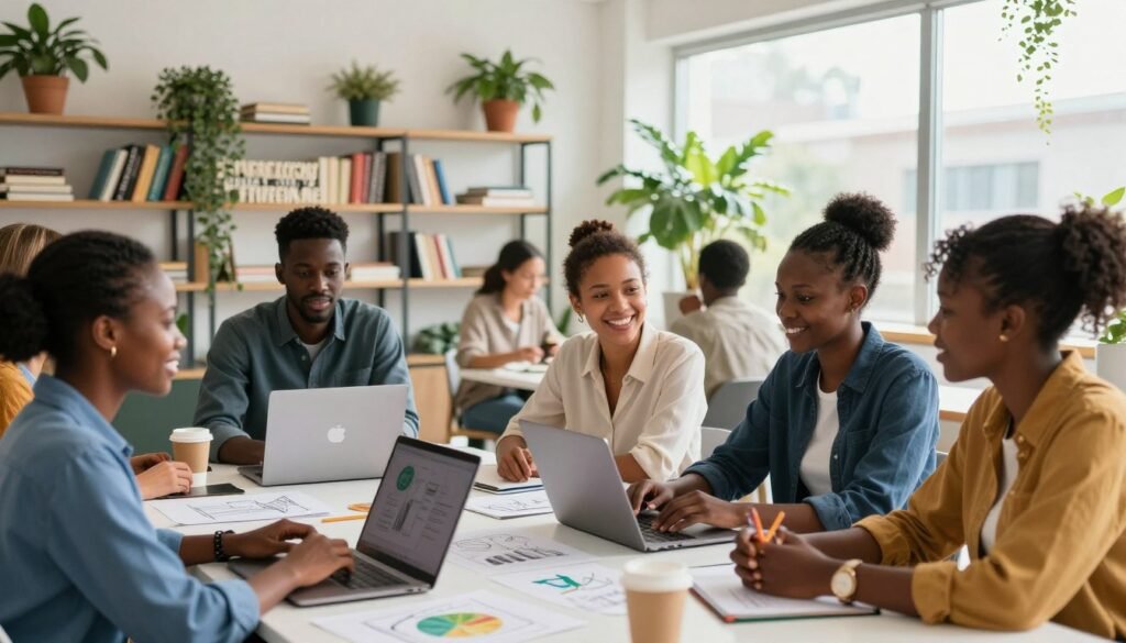 A vibrant, optimistic scene showcasing young African entrepreneurs in a collaborative workspace, filled with greenery and modern decor. In the foreground, a diverse group of professionals, dressed in smart business attire, are engaged in discussion around a table, covered with laptops and innovative project sketches. The middle ground features a bright, open area with shelves of books and inspirational quotes emphasizing entrepreneurship. In the background, large windows allow sunlight to pour in, enhancing the energetic atmosphere. The overall mood is one of ambition and positivity, with a focus on creativity and teamwork, capturing the essence of the Anzisha Prize and the support for young entrepreneurs in Africa. The image is well-lit, with a soft focus on the participants, creating an inviting and encouraging environment. A vibrant, optimistic scene showcasing young African entrepreneurs in a collaborative workspace, filled with greenery and modern decor. In the foreground, a diverse group of professionals, dressed in smart business attire, are engaged in discussion around a table, covered with laptops and innovative project sketches. The middle ground features a bright, open area with shelves of books and inspirational quotes emphasizing entrepreneurship. In the background, large windows allow sunlight to pour in, enhancing the energetic atmosphere. The overall mood is one of ambition and positivity, with a focus on creativity and teamwork, capturing the essence of the Anzisha Prize and the support for young entrepreneurs in Africa. The image is well-lit, with a soft focus on the participants, creating an inviting and encouraging environment.