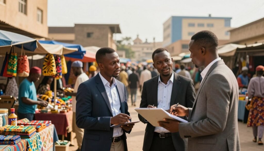 A vibrant outdoor market scene in an African city, showcasing locals engaged in business activities. In the foreground, a diverse group of two to three individuals in professional business attire, discussing innovative ideas with a notepad and laptop, symbolizing a collaboration for a localized business model. The middle ground features colorful stalls showcasing native products, demonstrating local craftsmanship and commerce. In the background, traditional architecture blends with modern buildings, illustrating the fusion of cultures and progress. The lighting is warm and natural, suggesting a bright midday sun. The atmosphere is dynamic and hopeful, filled with a sense of entrepreneurship and community spirit. Depth of field focuses on the discussion, with a soft blur on the bustling market behind. A vibrant outdoor market scene in an African city, showcasing locals engaged in business activities. In the foreground, a diverse group of two to three individuals in professional business attire, discussing innovative ideas with a notepad and laptop, symbolizing a collaboration for a localized business model. The middle ground features colorful stalls showcasing native products, demonstrating local craftsmanship and commerce. In the background, traditional architecture blends with modern buildings, illustrating the fusion of cultures and progress. The lighting is warm and natural, suggesting a bright midday sun. The atmosphere is dynamic and hopeful, filled with a sense of entrepreneurship and community spirit. Depth of field focuses on the discussion, with a soft blur on the bustling market behind.