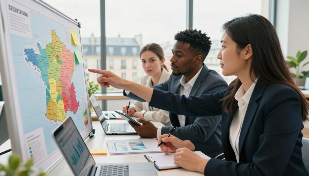 A vibrant, professional scene depicting a group of three diverse business professionals collaborating in a modern workspace. In the foreground, a middle-aged woman of Asian descent is pointing at a colorful national map of France, illustrating local SEO strategies. Beside her, a young Black man is taking notes on a digital tablet, while a Caucasian woman is analyzing data on her laptop. In the middle, there are laptops, charts, and sticky notes scattered on a table, creating a sense of active brainstorming. The background features a large window with a view of a bustling French cityscape, bathed in natural light, giving a warm and inviting atmosphere. The overall mood is focused, innovative, and collaborative, reflecting a strategic approach to improving visibility in local markets. A vibrant, professional scene depicting a group of three diverse business professionals collaborating in a modern workspace. In the foreground, a middle-aged woman of Asian descent is pointing at a colorful national map of France, illustrating local SEO strategies. Beside her, a young Black man is taking notes on a digital tablet, while a Caucasian woman is analyzing data on her laptop. In the middle, there are laptops, charts, and sticky notes scattered on a table, creating a sense of active brainstorming. The background features a large window with a view of a bustling French cityscape, bathed in natural light, giving a warm and inviting atmosphere. The overall mood is focused, innovative, and collaborative, reflecting a strategic approach to improving visibility in local markets.