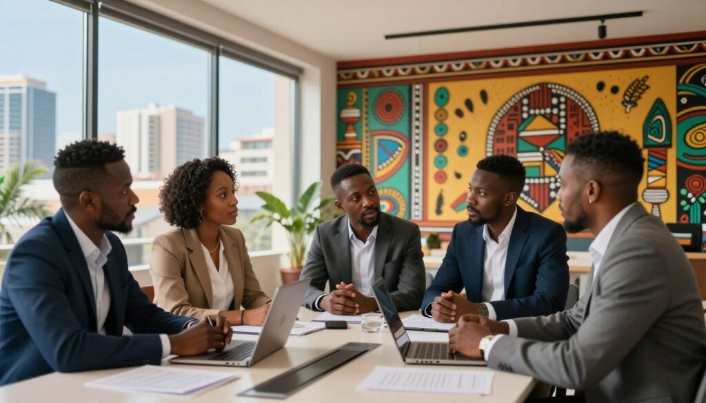 A vibrant, professional scene depicting diverse African entrepreneurs engaged in business discussions. In the foreground, a group of three individuals, a Black woman and two Black men, dressed in smart business attire, are sharing ideas around a modern conference table adorned with laptops and documents. The middle ground shows an open space with a traditional African mural showcasing cultural motifs, adding richness to the setting. In the background, large windows illuminate the room, revealing a bustling African cityscape with modern skyscrapers and palm trees under a clear blue sky. The lighting is bright and inviting, creating a collaborative atmosphere that emphasizes cultural adaptation and business success. A vibrant, professional scene depicting diverse African entrepreneurs engaged in business discussions. In the foreground, a group of three individuals, a Black woman and two Black men, dressed in smart business attire, are sharing ideas around a modern conference table adorned with laptops and documents. The middle ground shows an open space with a traditional African mural showcasing cultural motifs, adding richness to the setting. In the background, large windows illuminate the room, revealing a bustling African cityscape with modern skyscrapers and palm trees under a clear blue sky. The lighting is bright and inviting, creating a collaborative atmosphere that emphasizes cultural adaptation and business success.