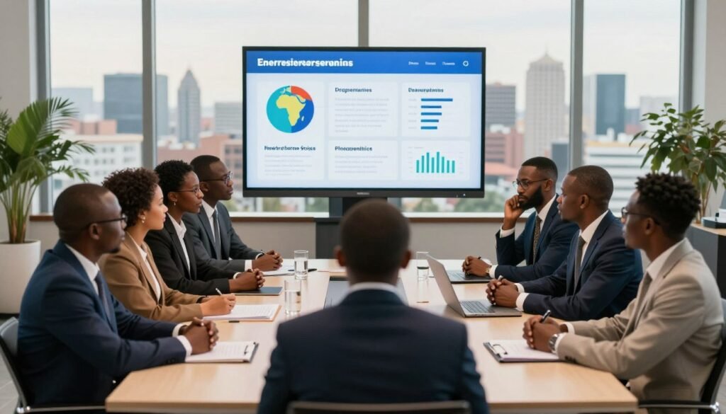 A vibrant, professional setting showcasing the essence of support institutions in African entrepreneurship. In the foreground, a diverse group of men and women in smart business attire is engaged in a lively discussion around a modern conference table, displaying collaboration. In the middle, a digital screen highlights various programs and statistics related to entrepreneurship, symbolizing growth and innovation. The background features a panoramic view of a bustling cityscape, hinting at economic opportunities. Soft, warm lighting creates an optimistic atmosphere, while the use of a wide-angle lens emphasizes inclusivity and engagement among participants, reflecting a shared vision for the future of African entrepreneurship. A vibrant, professional setting showcasing the essence of support institutions in African entrepreneurship. In the foreground, a diverse group of men and women in smart business attire is engaged in a lively discussion around a modern conference table, displaying collaboration. In the middle, a digital screen highlights various programs and statistics related to entrepreneurship, symbolizing growth and innovation. The background features a panoramic view of a bustling cityscape, hinting at economic opportunities. Soft, warm lighting creates an optimistic atmosphere, while the use of a wide-angle lens emphasizes inclusivity and engagement among participants, reflecting a shared vision for the future of African entrepreneurship.
