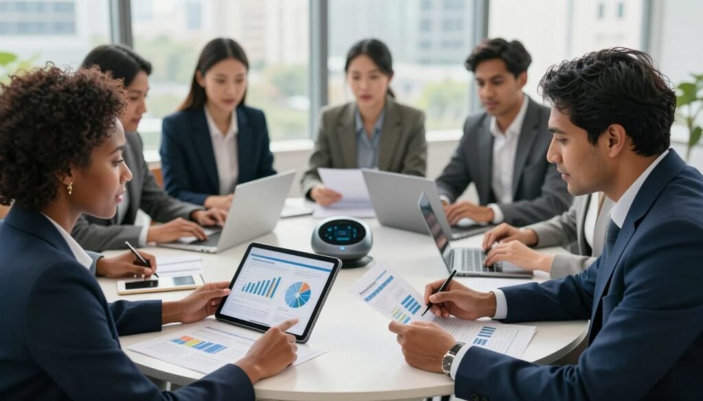 A vibrant scene depicting a diverse group of professionals in business attire engaged in a dynamic financial discussion. In the foreground, a Black woman and a South Asian man are intently reviewing charts and financial documents, showcasing technological innovations on a sleek tablet. The middle ground features a round table adorned with a modern digital device, laptops, and financial reports, highlighting the theme of investment and financial inclusion. The background reveals an urban office setting with large windows allowing natural light to flood the space, emphasizing a bright and innovative atmosphere. The overall mood reflects collaboration and progress toward inclusive financial solutions, with a warm color palette of blues and greens conveying optimism and growth. A vibrant scene depicting a diverse group of professionals in business attire engaged in a dynamic financial discussion. In the foreground, a Black woman and a South Asian man are intently reviewing charts and financial documents, showcasing technological innovations on a sleek tablet. The middle ground features a round table adorned with a modern digital device, laptops, and financial reports, highlighting the theme of investment and financial inclusion. The background reveals an urban office setting with large windows allowing natural light to flood the space, emphasizing a bright and innovative atmosphere. The overall mood reflects collaboration and progress toward inclusive financial solutions, with a warm color palette of blues and greens conveying optimism and growth.