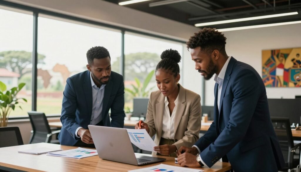 A vibrant scene depicting a successful French business team in Africa, showcasing collaboration and innovation. In the foreground, a diverse group of three professionals in smart attire—two men and one woman—are engaged in a lively discussion, reviewing charts and data on a laptop. The middle ground features a modern office space with large windows, allowing natural light to flood the room, highlighting the greenery of African landscapes visible outside. In the background, elements of African culture and architecture subtly blend with contemporary business design, symbolizing a harmonious partnership. The atmosphere is warm and motivational, emphasizing growth and success, creating an inspirational visual narrative of French enterprises thriving in the African market. A vibrant scene depicting a successful French business team in Africa, showcasing collaboration and innovation. In the foreground, a diverse group of three professionals in smart attire—two men and one woman—are engaged in a lively discussion, reviewing charts and data on a laptop. The middle ground features a modern office space with large windows, allowing natural light to flood the room, highlighting the greenery of African landscapes visible outside. In the background, elements of African culture and architecture subtly blend with contemporary business design, symbolizing a harmonious partnership. The atmosphere is warm and motivational, emphasizing growth and success, creating an inspirational visual narrative of French enterprises thriving in the African market.