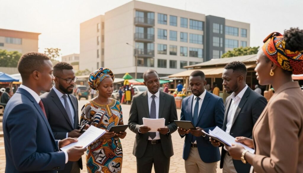 A vibrant scene depicting local African partnerships in an urban setting, showcasing a diverse group of professionals engaged in a dynamic discussion. In the foreground, a mix of individuals, both men and women, are dressed in smart business attire, animatedly exchanging ideas and looking at documents and tablets. In the middle ground, traditional African architecture blends with modern office buildings, symbolizing the fusion of local culture and business. The background features a bustling marketplace and greenery typical of the region. Soft, warm sunlight filters through the scene, creating an inviting and collaborative atmosphere. Capture the essence of community engagement, teamwork, and the spirit of networking in this culturally rich environment. A vibrant scene depicting local African partnerships in an urban setting, showcasing a diverse group of professionals engaged in a dynamic discussion. In the foreground, a mix of individuals, both men and women, are dressed in smart business attire, animatedly exchanging ideas and looking at documents and tablets. In the middle ground, traditional African architecture blends with modern office buildings, symbolizing the fusion of local culture and business. The background features a bustling marketplace and greenery typical of the region. Soft, warm sunlight filters through the scene, creating an inviting and collaborative atmosphere. Capture the essence of community engagement, teamwork, and the spirit of networking in this culturally rich environment.