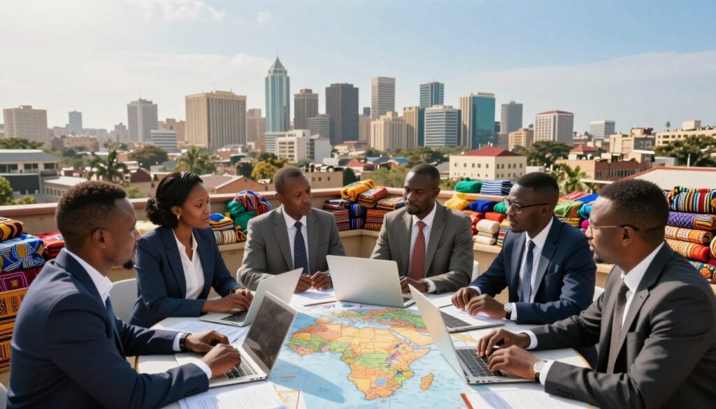 A vibrant scene depicting the advantages and challenges of sourcing in Africa. In the foreground, a diverse group of professionals, dressed in smart business attire, engaged in a discussion over a table filled with maps, documents, and laptops, symbolizing strategic planning for procurement. The middle ground features products and resources typical of the African market, such as textiles, agricultural goods, and handcrafted items, showcasing the continent's rich offerings. The background includes a panoramic view of a bustling African city skyline, with modern and traditional architecture blending together, under a bright, clear sky that conveys a sense of opportunity. The lighting is warm and inviting, enhancing the atmosphere of collaboration and optimism while subtly hinting at the challenges faced, such as infrastructure and logistics. The angle is slightly elevated, providing a comprehensive view of the scene. A vibrant scene depicting the advantages and challenges of sourcing in Africa. In the foreground, a diverse group of professionals, dressed in smart business attire, engaged in a discussion over a table filled with maps, documents, and laptops, symbolizing strategic planning for procurement. The middle ground features products and resources typical of the African market, such as textiles, agricultural goods, and handcrafted items, showcasing the continent's rich offerings. The background includes a panoramic view of a bustling African city skyline, with modern and traditional architecture blending together, under a bright, clear sky that conveys a sense of opportunity. The lighting is warm and inviting, enhancing the atmosphere of collaboration and optimism while subtly hinting at the challenges faced, such as infrastructure and logistics. The angle is slightly elevated, providing a comprehensive view of the scene.