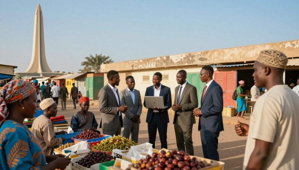 A vibrant scene depicting the advantages and challenges of starting a business in Senegal, featuring a bustling outdoor market in the foreground with people engaging in commerce, showcasing a mix of traditional and modern elements. In the middle ground, a group of diverse individuals in professional business attire are engaged in a discussion, with one holding a laptop to illustrate modern entrepreneurship. The background features iconic Senegalese architecture, such as the African Renaissance Monument and small shops, under a clear blue sky, with warm sunlight casting soft shadows. The mood is lively and optimistic, suggesting opportunities and collaboration in a dynamic environment. Use a wide-angle lens to capture the depth of the scene, with bright and inviting colors to evoke a sense of hope and potential. A vibrant scene depicting the advantages and challenges of starting a business in Senegal, featuring a bustling outdoor market in the foreground with people engaging in commerce, showcasing a mix of traditional and modern elements. In the middle ground, a group of diverse individuals in professional business attire are engaged in a discussion, with one holding a laptop to illustrate modern entrepreneurship. The background features iconic Senegalese architecture, such as the African Renaissance Monument and small shops, under a clear blue sky, with warm sunlight casting soft shadows. The mood is lively and optimistic, suggesting opportunities and collaboration in a dynamic environment. Use a wide-angle lens to capture the depth of the scene, with bright and inviting colors to evoke a sense of hope and potential.