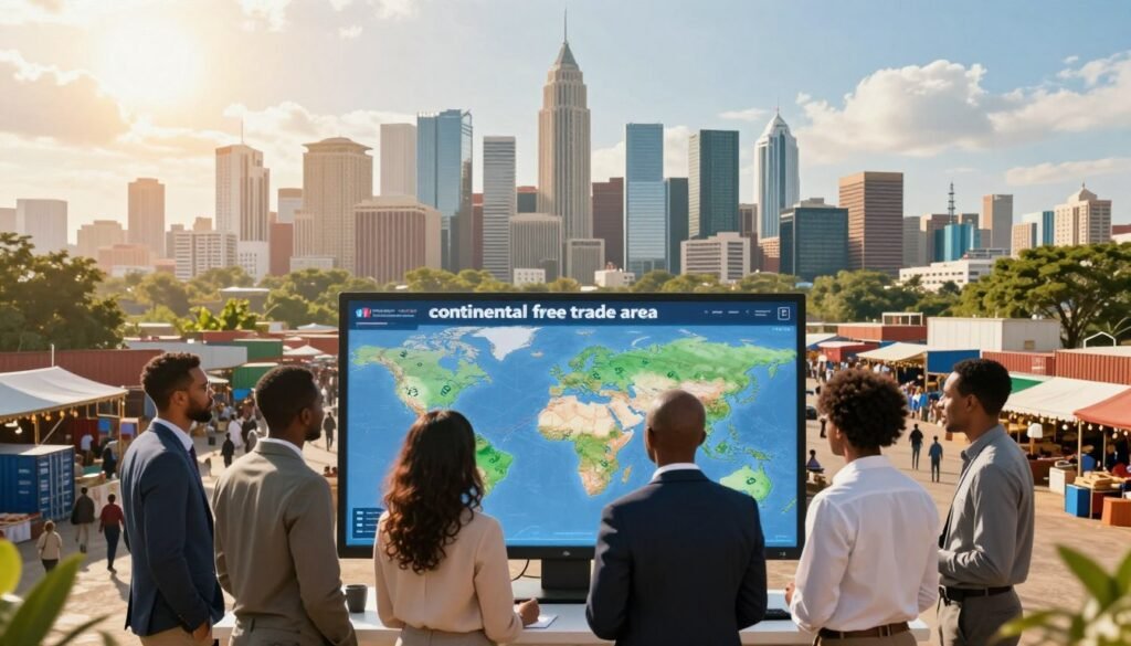 A vibrant scene depicting the concept of a "continental free trade area" in Africa, showcasing a modern city skyline with diverse architecture symbolizing economic growth. In the foreground, a diverse group of professionals in business attire—men and women of various ethnicities—collaborate over a digital map on a large screen, representing trade routes and opportunities. In the middle ground, bustling marketplaces and shipping containers are visible, emphasizing commerce and innovation. The background features an expansive sunlit sky, suggesting hope and a bright future, with green spaces in the urban landscape symbolizing sustainability. Soft, warm lighting illuminates the scene, creating an optimistic atmosphere that highlights the potential of Africa's evolving economy. The overall composition invites viewers to explore the innovations and opportunities within this dynamic landscape. A vibrant scene depicting the concept of a "continental free trade area" in Africa, showcasing a modern city skyline with diverse architecture symbolizing economic growth. In the foreground, a diverse group of professionals in business attire—men and women of various ethnicities—collaborate over a digital map on a large screen, representing trade routes and opportunities. In the middle ground, bustling marketplaces and shipping containers are visible, emphasizing commerce and innovation. The background features an expansive sunlit sky, suggesting hope and a bright future, with green spaces in the urban landscape symbolizing sustainability. Soft, warm lighting illuminates the scene, creating an optimistic atmosphere that highlights the potential of Africa's evolving economy. The overall composition invites viewers to explore the innovations and opportunities within this dynamic landscape.