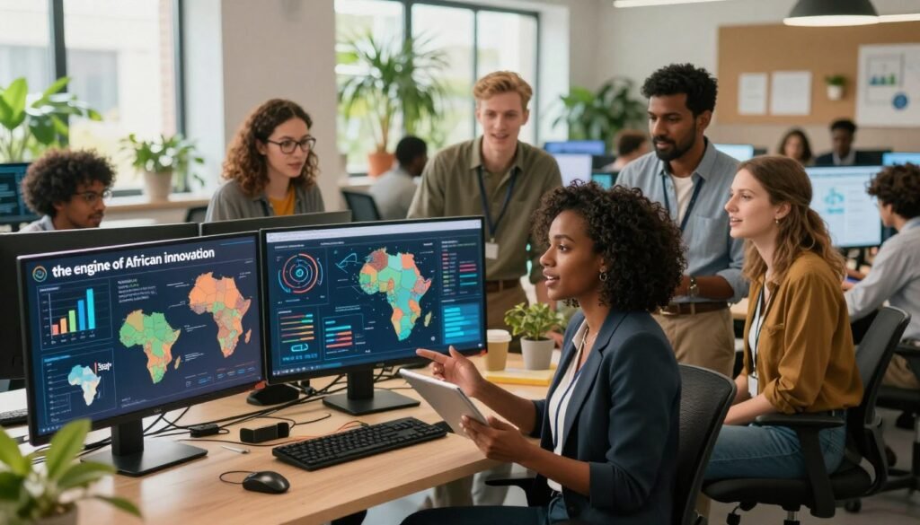 A vibrant scene depicting "the engine of African innovation," showcasing a diverse group of professionals collaborating in a modern, tech-driven workspace. In the foreground, a Black woman in professional attire holds a tablet, discussing ideas with a South Asian man and a Caucasian woman, all exuding enthusiasm and creativity. In the middle ground, large digital screens display graphs, maps, and African art blended with technology symbols. The background features a bright, open office space with plants and natural light filtering through large windows, symbolizing growth and inspiration. The atmosphere is energetic and optimistic, with warm lighting emphasizing collaboration and innovation, shot from a slight high angle to capture the dynamic interaction among the group. A vibrant scene depicting "the engine of African innovation," showcasing a diverse group of professionals collaborating in a modern, tech-driven workspace. In the foreground, a Black woman in professional attire holds a tablet, discussing ideas with a South Asian man and a Caucasian woman, all exuding enthusiasm and creativity. In the middle ground, large digital screens display graphs, maps, and African art blended with technology symbols. The background features a bright, open office space with plants and natural light filtering through large windows, symbolizing growth and inspiration. The atmosphere is energetic and optimistic, with warm lighting emphasizing collaboration and innovation, shot from a slight high angle to capture the dynamic interaction among the group.