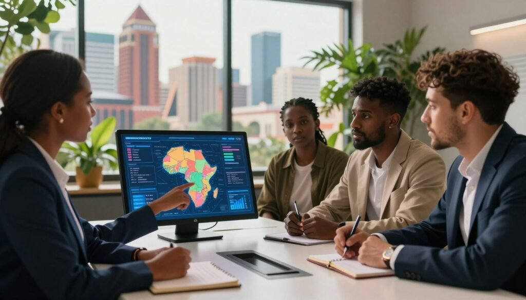 A vibrant scene depicting the future of entrepreneurship in Africa, featuring a diverse group of young professionals engaged in discussion around a modern conference table. In the foreground, a Black woman in a sleek business suit points to a colorful digital map of Africa on a touchscreen, showcasing emerging markets and tech trends. To her right, a South Asian man in smart-casual attire takes notes, passionately contributing ideas. In the middle ground, a window reveals a bustling city skyline with African architectural elements, reflecting growth and innovation. The background features lush greenery, symbolizing sustainability. Soft, warm lighting creates an optimistic atmosphere, and the angle captures both the lively collaboration and the forward-looking vision of entrepreneurship in Africa. A vibrant scene depicting the future of entrepreneurship in Africa, featuring a diverse group of young professionals engaged in discussion around a modern conference table. In the foreground, a Black woman in a sleek business suit points to a colorful digital map of Africa on a touchscreen, showcasing emerging markets and tech trends. To her right, a South Asian man in smart-casual attire takes notes, passionately contributing ideas. In the middle ground, a window reveals a bustling city skyline with African architectural elements, reflecting growth and innovation. The background features lush greenery, symbolizing sustainability. Soft, warm lighting creates an optimistic atmosphere, and the angle captures both the lively collaboration and the forward-looking vision of entrepreneurship in Africa.