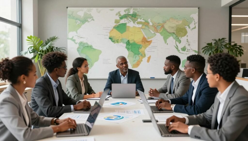 A vibrant scene depicting the importance of partnerships and incubators in Africa, featuring a diverse group of professionals engaged in a collaborative brainstorming session around a large table. In the foreground, focused individuals of various ethnicities, dressed in smart business attire, are exchanging ideas using laptops and charts. The middle ground should include visual elements like a large map of Africa with highlighted areas symbolizing innovation hubs and incubators. The background should showcase modern office space with green plants and soft natural lighting filtering through large windows, creating an uplifting and inspiring atmosphere. The overall mood should convey energy, collaboration, and hope for future growth in the African entrepreneurial landscape, captured with a wide-angle lens for a dynamic composition. A vibrant scene depicting the importance of partnerships and incubators in Africa, featuring a diverse group of professionals engaged in a collaborative brainstorming session around a large table. In the foreground, focused individuals of various ethnicities, dressed in smart business attire, are exchanging ideas using laptops and charts. The middle ground should include visual elements like a large map of Africa with highlighted areas symbolizing innovation hubs and incubators. The background should showcase modern office space with green plants and soft natural lighting filtering through large windows, creating an uplifting and inspiring atmosphere. The overall mood should convey energy, collaboration, and hope for future growth in the African entrepreneurial landscape, captured with a wide-angle lens for a dynamic composition.
