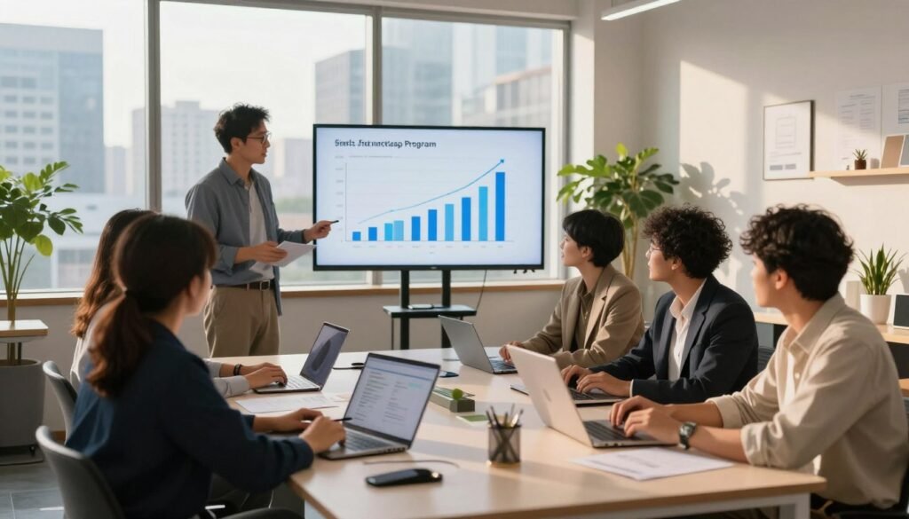 A vibrant scene illustrating a startup financing program in a modern office environment. In the foreground, diverse professionals in smart casual attire are engaged in a dynamic brainstorming session around a large table, showcasing laptops and digital devices. In the middle ground, a large screen displays graphs and charts symbolizing funding opportunities and growth potential. In the background, large windows reveal a bustling cityscape bathed in warm morning light, adding a sense of optimism. The atmosphere is energetic and collaborative, with plants and innovative decor enhancing the modern aesthetic. Soft, natural lighting casts gentle shadows, creating an inviting workspace. The composition should evoke a sense of community and ambition within the startup ecosystem. A vibrant scene illustrating a startup financing program in a modern office environment. In the foreground, diverse professionals in smart casual attire are engaged in a dynamic brainstorming session around a large table, showcasing laptops and digital devices. In the middle ground, a large screen displays graphs and charts symbolizing funding opportunities and growth potential. In the background, large windows reveal a bustling cityscape bathed in warm morning light, adding a sense of optimism. The atmosphere is energetic and collaborative, with plants and innovative decor enhancing the modern aesthetic. Soft, natural lighting casts gentle shadows, creating an inviting workspace. The composition should evoke a sense of community and ambition within the startup ecosystem.