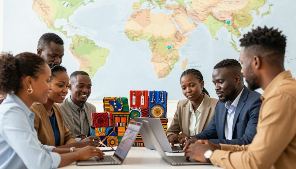 A vibrant scene illustrating a step-by-step online selling method in Africa. In the foreground, a diverse group of business professionals, dressed in business casual attire, are gathered around a laptop, engaging in an animated discussion about e-commerce strategies. In the middle ground, colorful samples of African goods, such as handcrafted jewelry and textiles, are displayed on a table, highlighting unique products that can be sold online. The background features a digital map of Africa, pinpointing major cities as hub zones for online sales. Bright, warm lighting emulates a hopeful atmosphere, with a soft focus on the background to keep attention on the professionals and their products. The overall mood is collaborative and innovative, inspiring viewers to explore online business opportunities in Africa. A vibrant scene illustrating a step-by-step online selling method in Africa. In the foreground, a diverse group of business professionals, dressed in business casual attire, are gathered around a laptop, engaging in an animated discussion about e-commerce strategies. In the middle ground, colorful samples of African goods, such as handcrafted jewelry and textiles, are displayed on a table, highlighting unique products that can be sold online. The background features a digital map of Africa, pinpointing major cities as hub zones for online sales. Bright, warm lighting emulates a hopeful atmosphere, with a soft focus on the background to keep attention on the professionals and their products. The overall mood is collaborative and innovative, inspiring viewers to explore online business opportunities in Africa.