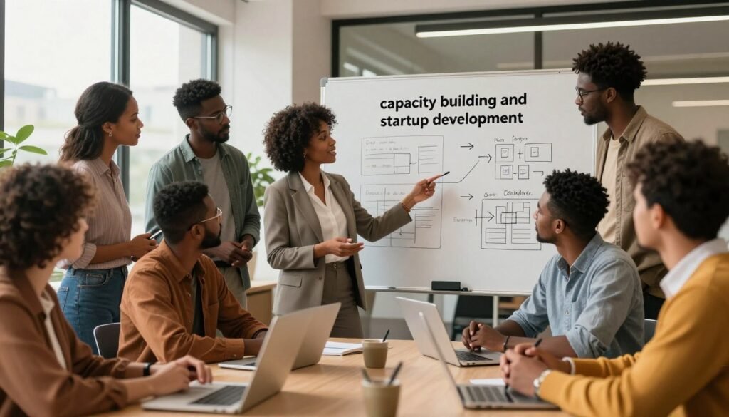 A vibrant scene illustrating "capacity building and startup development" in Africa, featuring a diverse group of entrepreneurs engaged in a collaborative workshop. In the foreground, a professional Black woman wearing business attire is facilitating a brainstorming session, surrounded by team members of different ethnicities, dressed in smart casual clothing. In the middle, a large whiteboard filled with business strategies and plans showcases the innovative spirit of the group. The background reveals a modern office space with large windows letting in warm, natural light, creating an inviting atmosphere. Soft, focused lighting highlights the teamwork and dialogue, conveying a sense of progress and optimism in the startup ecosystem. The composition is dynamic, with an optimistic mood celebrating creativity and entrepreneurship. A vibrant scene illustrating "capacity building and startup development" in Africa, featuring a diverse group of entrepreneurs engaged in a collaborative workshop. In the foreground, a professional Black woman wearing business attire is facilitating a brainstorming session, surrounded by team members of different ethnicities, dressed in smart casual clothing. In the middle, a large whiteboard filled with business strategies and plans showcases the innovative spirit of the group. The background reveals a modern office space with large windows letting in warm, natural light, creating an inviting atmosphere. Soft, focused lighting highlights the teamwork and dialogue, conveying a sense of progress and optimism in the startup ecosystem. The composition is dynamic, with an optimistic mood celebrating creativity and entrepreneurship.