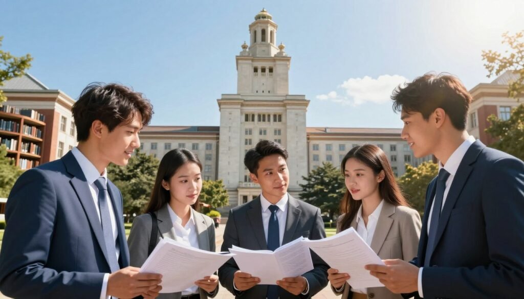 A vibrant scene illustrating premium education from prestigious universities. In the foreground, a diverse group of three students in professional business attire, engaged in a lively discussion while reviewing educational materials. In the middle, a grand university campus with iconic architecture, showcasing elements like an impressive library and historical buildings. The background features a clear blue sky, with sun rays casting warm light over the scene, creating an inviting and inspiring atmosphere. The lens captures the essence of ambition and learning, emphasizing the prestige of the institutions. The mood is uplifting and optimistic, symbolizing success and high-quality education. A vibrant scene illustrating premium education from prestigious universities. In the foreground, a diverse group of three students in professional business attire, engaged in a lively discussion while reviewing educational materials. In the middle, a grand university campus with iconic architecture, showcasing elements like an impressive library and historical buildings. The background features a clear blue sky, with sun rays casting warm light over the scene, creating an inviting and inspiring atmosphere. The lens captures the essence of ambition and learning, emphasizing the prestige of the institutions. The mood is uplifting and optimistic, symbolizing success and high-quality education.