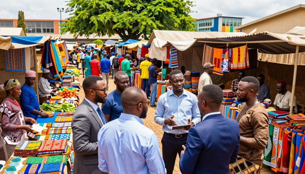 A vibrant scene illustrating the emerging markets of Africa, showcasing a bustling outdoor market filled with colorful stalls displaying textiles, fresh produce, and local crafts. In the foreground, a diverse group of professionals, dressed in smart casual attire, discuss investment opportunities with enthusiasm. The middle ground features people engaging in commerce, emphasizing collaboration and growth, while vendors display their goods with pride. In the background, lush greenery and modern buildings reflect the economic development in the region. Bright, natural lighting symbolizes optimism and potential, captured from a slightly elevated angle to encompass the dynamics of the market environment. The mood is lively and hopeful, evoking a sense of opportunity and innovation in African markets. A vibrant scene illustrating the emerging markets of Africa, showcasing a bustling outdoor market filled with colorful stalls displaying textiles, fresh produce, and local crafts. In the foreground, a diverse group of professionals, dressed in smart casual attire, discuss investment opportunities with enthusiasm. The middle ground features people engaging in commerce, emphasizing collaboration and growth, while vendors display their goods with pride. In the background, lush greenery and modern buildings reflect the economic development in the region. Bright, natural lighting symbolizes optimism and potential, captured from a slightly elevated angle to encompass the dynamics of the market environment. The mood is lively and hopeful, evoking a sense of opportunity and innovation in African markets.