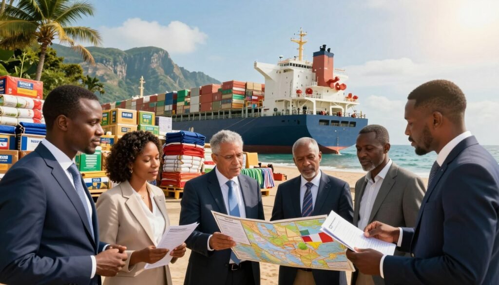 A vibrant scene illustrating the export of French resources to Africa. In the foreground, a diverse group of professionals in business attire engage in a discussion, examining maps and export documents. In the middle ground, stacks of French products, such as agricultural goods, machinery, and textiles, are being loaded onto a large cargo ship with the African coast visible in the background. The backdrop features iconic African landscapes, with lush greenery and mountains under a bright sky, symbolizing growth and opportunity. The lighting is warm, evoking a hopeful and prosperous atmosphere. The image is captured with a slight low angle to emphasize the importance of trade and collaboration. A vibrant scene illustrating the export of French resources to Africa. In the foreground, a diverse group of professionals in business attire engage in a discussion, examining maps and export documents. In the middle ground, stacks of French products, such as agricultural goods, machinery, and textiles, are being loaded onto a large cargo ship with the African coast visible in the background. The backdrop features iconic African landscapes, with lush greenery and mountains under a bright sky, symbolizing growth and opportunity. The lighting is warm, evoking a hopeful and prosperous atmosphere. The image is captured with a slight low angle to emphasize the importance of trade and collaboration.