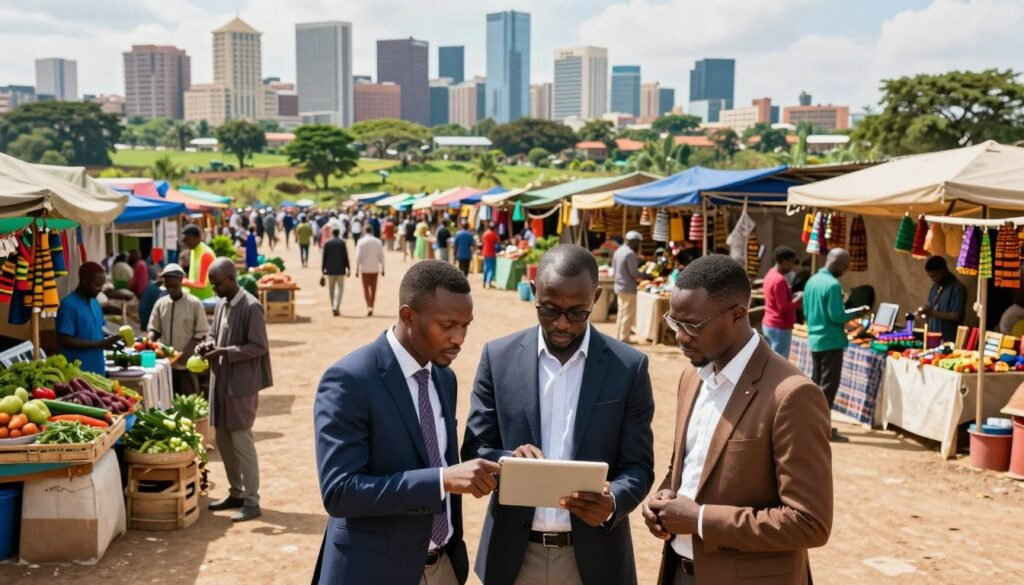 A vibrant scene showcasing promising economic sectors in Africa. In the foreground, a diverse group of professionals dressed in business attire, collaborating over a digital tablet, indicating innovation and teamwork. In the middle ground, various lively market stalls selling agriculture products, technology gadgets, and handmade crafts, symbolizing diverse industries. The background features a modern city skyline, representing economic growth and urban development, with lush green landscapes highlighting the continent's natural resources. The image is bright and inviting, with natural sunlight casting soft shadows, creating a sense of optimism and opportunity. The angle is slightly elevated, providing a comprehensive view of the bustling environment, emphasizing the energy and potential of entrepreneurship in Africa. A vibrant scene showcasing promising economic sectors in Africa. In the foreground, a diverse group of professionals dressed in business attire, collaborating over a digital tablet, indicating innovation and teamwork. In the middle ground, various lively market stalls selling agriculture products, technology gadgets, and handmade crafts, symbolizing diverse industries. The background features a modern city skyline, representing economic growth and urban development, with lush green landscapes highlighting the continent's natural resources. The image is bright and inviting, with natural sunlight casting soft shadows, creating a sense of optimism and opportunity. The angle is slightly elevated, providing a comprehensive view of the bustling environment, emphasizing the energy and potential of entrepreneurship in Africa.