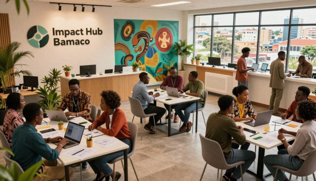 A vibrant scene showcasing the "Impact Hub Bamako," illustrating a dynamic innovation and entrepreneurship network. In the foreground, diverse professionals in smart casual attire engage in collaborative discussions around unique workspaces filled with laptops, sketches, and modern design elements. The middle ground features a welcoming reception area adorned with greenery and creative murals that reflect the local culture and entrepreneurship spirit. In the background, large windows with natural light streaming in reveal a bustling cityscape of Bamako, integrating elements of modernity and tradition. The overall atmosphere is energetic and inspiring, symbolizing growth and creativity in business. Use soft, warm lighting to create an inviting ambiance, captured from a slightly elevated angle to encompass both the action and the setting, evoking a sense of community collaboration. A vibrant scene showcasing the "Impact Hub Bamako," illustrating a dynamic innovation and entrepreneurship network. In the foreground, diverse professionals in smart casual attire engage in collaborative discussions around unique workspaces filled with laptops, sketches, and modern design elements. The middle ground features a welcoming reception area adorned with greenery and creative murals that reflect the local culture and entrepreneurship spirit. In the background, large windows with natural light streaming in reveal a bustling cityscape of Bamako, integrating elements of modernity and tradition. The overall atmosphere is energetic and inspiring, symbolizing growth and creativity in business. Use soft, warm lighting to create an inviting ambiance, captured from a slightly elevated angle to encompass both the action and the setting, evoking a sense of community collaboration.