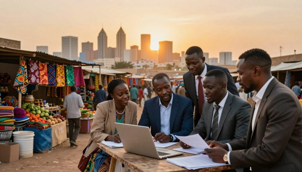 A vibrant scene showcasing the advantages of starting a business in Senegal. In the foreground, a diverse group of professionals in smart business attire engaged in animated discussions, collaborating over a laptop and documents. Their expressions reflect enthusiasm and determination. In the middle ground, we see a bustling Senegalese market with colorful stalls displaying local crafts, organic produce, and traditional fabrics, symbolizing economic opportunities. The background features the striking silhouette of Dakar's skyline at sunset, with warm golden hues illuminating the sky. Soft, natural lighting enhances the atmosphere, creating a hopeful and optimistic mood that embodies the entrepreneurial spirit in Senegal. A vibrant scene showcasing the advantages of starting a business in Senegal. In the foreground, a diverse group of professionals in smart business attire engaged in animated discussions, collaborating over a laptop and documents. Their expressions reflect enthusiasm and determination. In the middle ground, we see a bustling Senegalese market with colorful stalls displaying local crafts, organic produce, and traditional fabrics, symbolizing economic opportunities. The background features the striking silhouette of Dakar's skyline at sunset, with warm golden hues illuminating the sky. Soft, natural lighting enhances the atmosphere, creating a hopeful and optimistic mood that embodies the entrepreneurial spirit in Senegal.