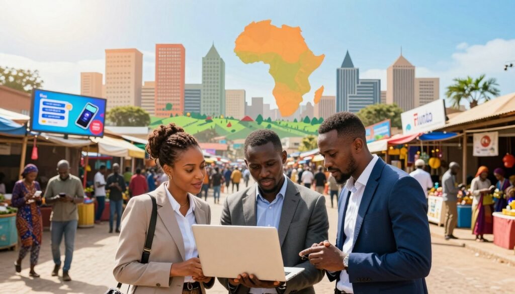A vibrant scene showcasing the digital potential in Africa, foreground: a diverse group of three professionals, one woman and two men, engaged in a lively discussion around a laptop, dressed in smart casual attire. Middle ground: a bustling market with digital billboards displaying technology and e-commerce themes, and people using mobile devices. Background: a silhouette of modern city buildings intertwined with vibrant landscapes, representing various African cultures. The lighting is bright and optimistic, suggesting a sunny day, enhancing the atmosphere of innovation and opportunity. The scene is captured from a slightly elevated perspective, focusing on the interaction between technology and business growth, reflecting a future of digital empowerment in Africa. A vibrant scene showcasing the digital potential in Africa, foreground: a diverse group of three professionals, one woman and two men, engaged in a lively discussion around a laptop, dressed in smart casual attire. Middle ground: a bustling market with digital billboards displaying technology and e-commerce themes, and people using mobile devices. Background: a silhouette of modern city buildings intertwined with vibrant landscapes, representing various African cultures. The lighting is bright and optimistic, suggesting a sunny day, enhancing the atmosphere of innovation and opportunity. The scene is captured from a slightly elevated perspective, focusing on the interaction between technology and business growth, reflecting a future of digital empowerment in Africa.