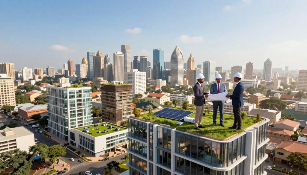 A vibrant urban landscape showcasing intelligent real estate development in Africa. In the foreground, architects and engineers in professional attire discuss plans atop a glossy, modern high-rise construction site. The middle section features innovative buildings with green roofs, solar panels, and eco-friendly designs, symbolizing sustainable urbanization. In the background, a bustling city skyline merges traditional and futuristic architecture under a clear blue sky. Soft, natural lighting illuminates the scene, casting gentle shadows that enhance the depth and detail. The mood is optimistic and forward-thinking, capturing the essence of growth and opportunity in real estate and smart urban planning. A vibrant urban landscape showcasing intelligent real estate development in Africa. In the foreground, architects and engineers in professional attire discuss plans atop a glossy, modern high-rise construction site. The middle section features innovative buildings with green roofs, solar panels, and eco-friendly designs, symbolizing sustainable urbanization. In the background, a bustling city skyline merges traditional and futuristic architecture under a clear blue sky. Soft, natural lighting illuminates the scene, casting gentle shadows that enhance the depth and detail. The mood is optimistic and forward-thinking, capturing the essence of growth and opportunity in real estate and smart urban planning.