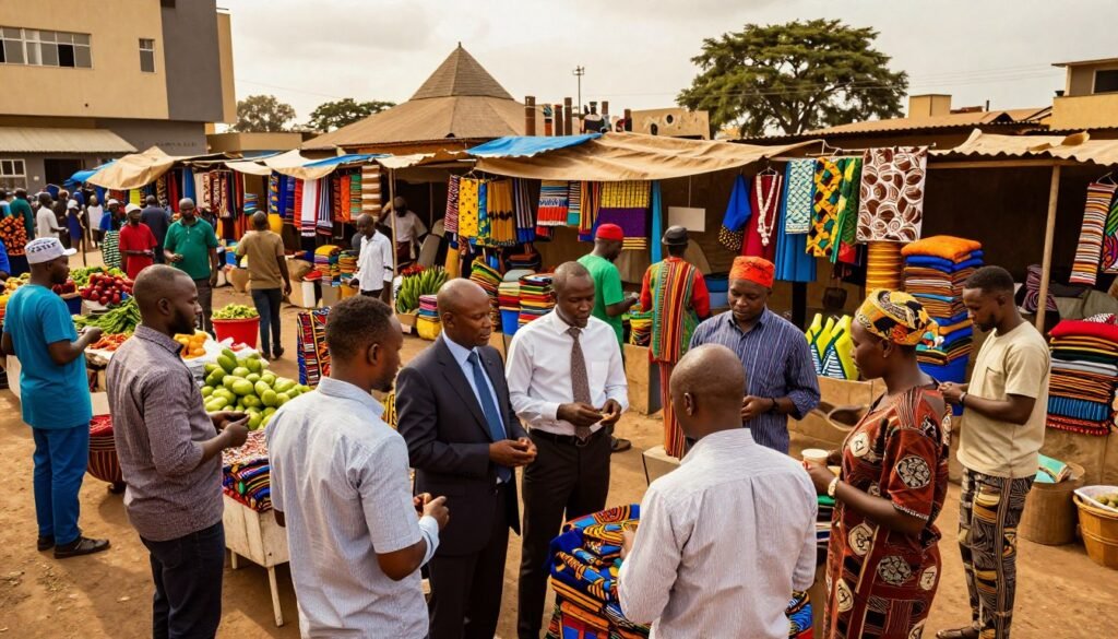 A vibrant urban marketplace in Africa showcasing successful exporters. In the foreground, a diverse group of business people dressed in professional attire, engaged in discussions and exchanging goods, representing different industries such as textiles, agriculture, and crafts. The middle ground features colorful stalls filled with fresh produce, handmade crafts, and textiles, capturing the essence of local products. In the background, traditional African architecture blends with modern buildings, symbolizing growth and development. The scene is illuminated by warm, golden sunlight creating a lively and optimistic atmosphere. Capture the action from a slightly elevated angle to highlight both the people and the bustling environment, while ensuring a rich color palette that evokes African vibrancy. A vibrant urban marketplace in Africa showcasing successful exporters. In the foreground, a diverse group of business people dressed in professional attire, engaged in discussions and exchanging goods, representing different industries such as textiles, agriculture, and crafts. The middle ground features colorful stalls filled with fresh produce, handmade crafts, and textiles, capturing the essence of local products. In the background, traditional African architecture blends with modern buildings, symbolizing growth and development. The scene is illuminated by warm, golden sunlight creating a lively and optimistic atmosphere. Capture the action from a slightly elevated angle to highlight both the people and the bustling environment, while ensuring a rich color palette that evokes African vibrancy.