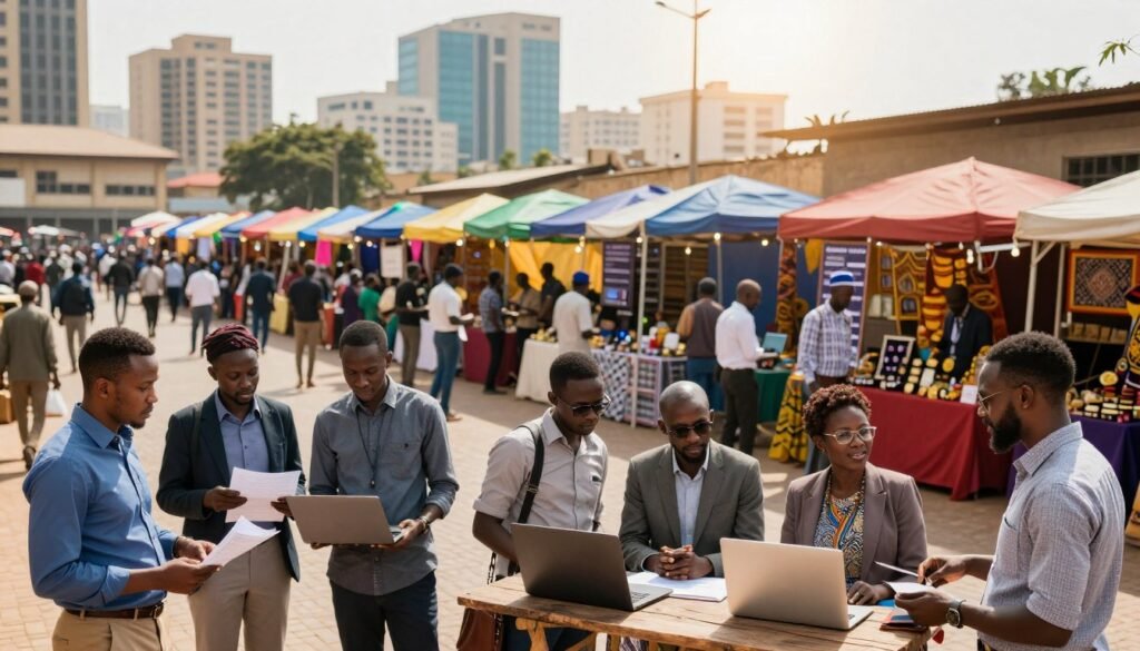 A vibrant urban scene depicting the entrepreneurial boom in Africa. In the foreground, a diverse group of professionals in modest business attire engages in lively discussions over laptops and documents, showcasing innovation and collaboration. In the middle ground, colorful market stalls are filled with local artisans and tech startups, symbolizing creativity and productivity. The background features a skyline of modern buildings alongside traditional architecture, illustrating the blend of heritage and progress. Bright sunlight illuminates the scene, casting soft shadows and creating a warm, optimistic atmosphere. The angle is slightly elevated, capturing the dynamism of this entrepreneurial landscape, with a feeling of growth and opportunity in the air. A vibrant urban scene depicting the entrepreneurial boom in Africa. In the foreground, a diverse group of professionals in modest business attire engages in lively discussions over laptops and documents, showcasing innovation and collaboration. In the middle ground, colorful market stalls are filled with local artisans and tech startups, symbolizing creativity and productivity. The background features a skyline of modern buildings alongside traditional architecture, illustrating the blend of heritage and progress. Bright sunlight illuminates the scene, casting soft shadows and creating a warm, optimistic atmosphere. The angle is slightly elevated, capturing the dynamism of this entrepreneurial landscape, with a feeling of growth and opportunity in the air.