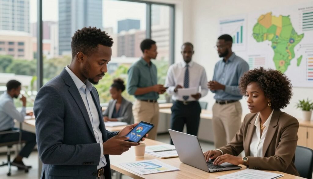 A vibrant urban scene depicting the socio-economic impact in Africa, featuring a diverse group of professionals engaged in discussions. Foreground: a confident Nigerian entrepreneur in business attire, showcasing innovative ideas on a digital device; an African woman in professional attire analyzing data on a laptop. Middle ground: a collaborative workspace with people of different backgrounds exchanging ideas, with charts and maps of Africa on the walls illustrating growth. Background: a bustling city skyline with modern buildings and green spaces symbolizing progress and sustainability. Soft, natural lighting enhances the atmosphere, creating a hopeful and dynamic mood. The scene captures a sense of collaboration, opportunity, and forward-thinking vision for Africa's future. A vibrant urban scene depicting the socio-economic impact in Africa, featuring a diverse group of professionals engaged in discussions. Foreground: a confident Nigerian entrepreneur in business attire, showcasing innovative ideas on a digital device; an African woman in professional attire analyzing data on a laptop. Middle ground: a collaborative workspace with people of different backgrounds exchanging ideas, with charts and maps of Africa on the walls illustrating growth. Background: a bustling city skyline with modern buildings and green spaces symbolizing progress and sustainability. Soft, natural lighting enhances the atmosphere, creating a hopeful and dynamic mood. The scene captures a sense of collaboration, opportunity, and forward-thinking vision for Africa's future.
