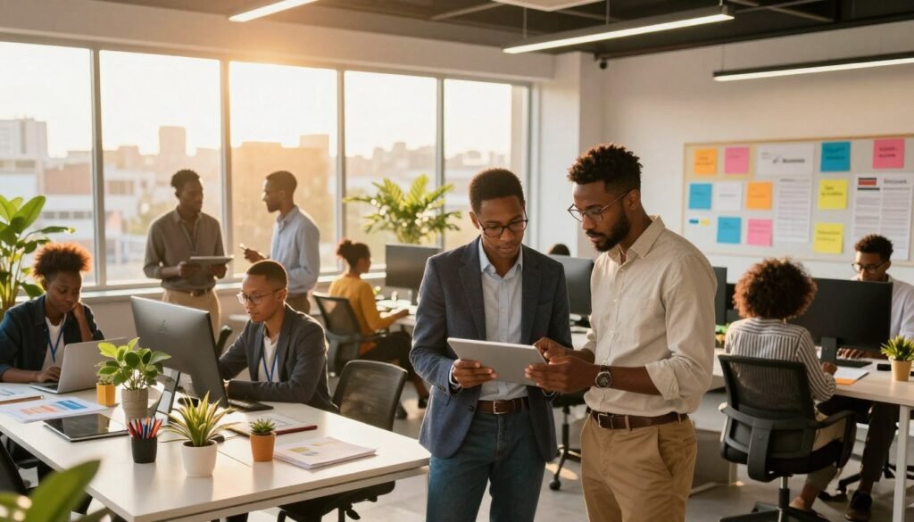 A vibrant workspace scene at Impact Hub Bamako, showcasing a diverse group of professional individuals collaborating on innovative projects. In the foreground, two business professionals in smart casual attire are engaged in a discussion over a digital tablet, emphasizing teamwork and creativity. The middle ground features colorful brainstorming boards and contemporary desks filled with gadgets and plants, highlighting an atmosphere of innovation. In the background, large windows filter golden sunlight, illuminating the space with a warm glow, and providing a view of Bamako’s skyline. The overall mood is dynamic and inspiring, reflecting a hub of entrepreneurial spirit and community engagement. A vibrant workspace scene at Impact Hub Bamako, showcasing a diverse group of professional individuals collaborating on innovative projects. In the foreground, two business professionals in smart casual attire are engaged in a discussion over a digital tablet, emphasizing teamwork and creativity. The middle ground features colorful brainstorming boards and contemporary desks filled with gadgets and plants, highlighting an atmosphere of innovation. In the background, large windows filter golden sunlight, illuminating the space with a warm glow, and providing a view of Bamako’s skyline. The overall mood is dynamic and inspiring, reflecting a hub of entrepreneurial spirit and community engagement.