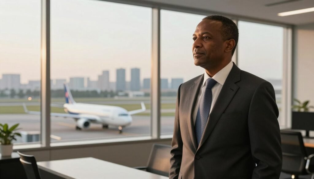 A visionary leader, Mesfin Tasew Bekele, stands confidently in a sleek modern office, gazing thoughtfully into the distance as he contemplates the future of aviation. In the foreground, he is dressed in professional business attire, a tailored suit and tie. The middle ground features a large window overlooking an expansive airport runway with airplanes taking off, symbolizing progress and innovation. The background reveals a blurred skyline of Addis Ababa, bathed in warm, natural light of a late afternoon, conveying a sense of optimism and strategic foresight. The atmosphere is inspiring, reflecting leadership qualities such as determination and vision, with soft lighting emphasizing his thoughtful expression. The composition captures a moment of reflection, poised between past achievements and future possibilities. A visionary leader, Mesfin Tasew Bekele, stands confidently in a sleek modern office, gazing thoughtfully into the distance as he contemplates the future of aviation. In the foreground, he is dressed in professional business attire, a tailored suit and tie. The middle ground features a large window overlooking an expansive airport runway with airplanes taking off, symbolizing progress and innovation. The background reveals a blurred skyline of Addis Ababa, bathed in warm, natural light of a late afternoon, conveying a sense of optimism and strategic foresight. The atmosphere is inspiring, reflecting leadership qualities such as determination and vision, with soft lighting emphasizing his thoughtful expression. The composition captures a moment of reflection, poised between past achievements and future possibilities.