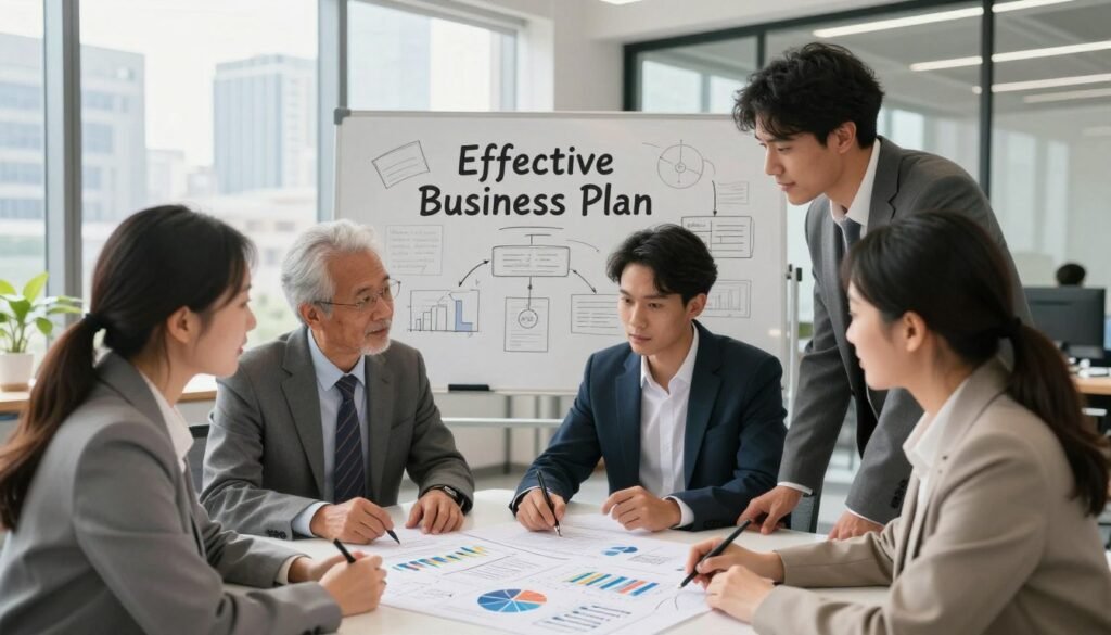 A visually appealing and informative illustration depicting the key steps in creating an effective business plan. In the foreground, a diverse group of three professionals dressed in business attire are engaged in a dynamic discussion around a large document spread out on a table, filled with charts and notes. In the middle, a bright, modern office space features a whiteboard filled with brainstorming ideas and diagrams, symbolizing creativity and collaboration. The background shows large windows with a view of a bustling city, enhancing the atmosphere of ambition and professionalism. The image is illuminated by natural light, giving it a warm yet focused mood, shot from a slightly elevated angle to capture the interaction. The overall composition should evoke a sense of teamwork and strategic planning. A visually appealing and informative illustration depicting the key steps in creating an effective business plan. In the foreground, a diverse group of three professionals dressed in business attire are engaged in a dynamic discussion around a large document spread out on a table, filled with charts and notes. In the middle, a bright, modern office space features a whiteboard filled with brainstorming ideas and diagrams, symbolizing creativity and collaboration. The background shows large windows with a view of a bustling city, enhancing the atmosphere of ambition and professionalism. The image is illuminated by natural light, giving it a warm yet focused mood, shot from a slightly elevated angle to capture the interaction. The overall composition should evoke a sense of teamwork and strategic planning.