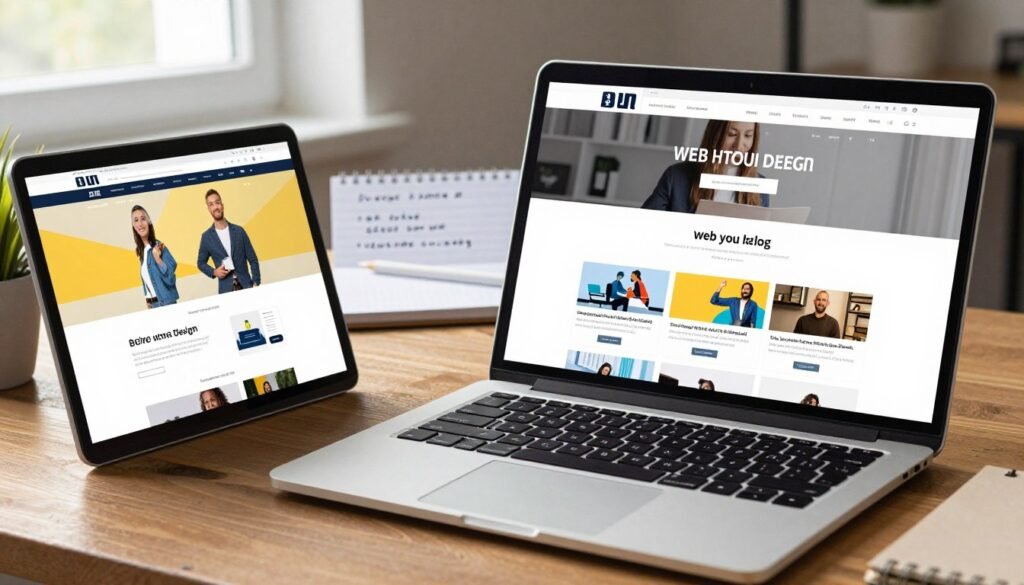 A visually appealing collage of different types of websites displayed on a sleek, modern laptop screen, set on a wooden desk. In the foreground, the laptop is open, showcasing a vibrant homepage of an e-commerce store on one side, a clean, professional corporate site on the other, and a colorful blog layout in the center. The middle layer features a notepad with handwritten web design notes and a stylus, emphasizing the planning phase of creating websites. In the background, soft natural light filters through a window, casting gentle shadows, creating a warm and inviting atmosphere. The setting conveys a sense of creativity and purpose, inspiring the viewer to think about their own web design goals. Ideal for a workspace, the image should feel organized yet stimulating, without any text or distractions. A visually appealing collage of different types of websites displayed on a sleek, modern laptop screen, set on a wooden desk. In the foreground, the laptop is open, showcasing a vibrant homepage of an e-commerce store on one side, a clean, professional corporate site on the other, and a colorful blog layout in the center. The middle layer features a notepad with handwritten web design notes and a stylus, emphasizing the planning phase of creating websites. In the background, soft natural light filters through a window, casting gentle shadows, creating a warm and inviting atmosphere. The setting conveys a sense of creativity and purpose, inspiring the viewer to think about their own web design goals. Ideal for a workspace, the image should feel organized yet stimulating, without any text or distractions.