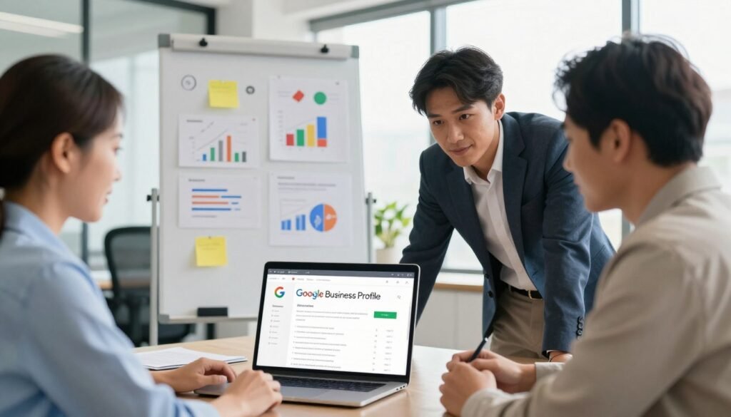 A visually appealing depiction of a Google Business Profile optimization scene. In the foreground, a diverse group of three professionals, dressed in smart business attire, gathers around a laptop displaying a vibrant Google Business Profile interface. In the middle ground, a whiteboard filled with strategic notes, charts, and icons representing online visibility and consumer engagement. In the background, a modern office setting with large windows allowing natural light to flood the room, creating a bright and inviting atmosphere. Incorporate a clear depth of field, using a warm color palette. The mood should convey collaboration, motivation, and professionalism, highlighting the importance of optimizing business listings effectively. A visually appealing depiction of a Google Business Profile optimization scene. In the foreground, a diverse group of three professionals, dressed in smart business attire, gathers around a laptop displaying a vibrant Google Business Profile interface. In the middle ground, a whiteboard filled with strategic notes, charts, and icons representing online visibility and consumer engagement. In the background, a modern office setting with large windows allowing natural light to flood the room, creating a bright and inviting atmosphere. Incorporate a clear depth of field, using a warm color palette. The mood should convey collaboration, motivation, and professionalism, highlighting the importance of optimizing business listings effectively.