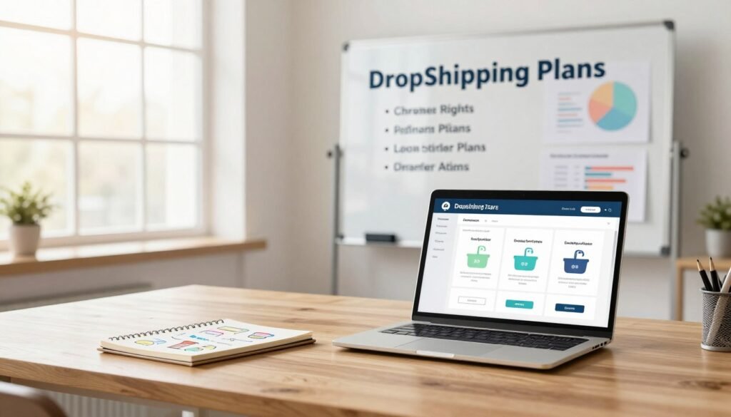 A visually appealing workspace illustrating the concept of dropshipping pricing plans. In the foreground, a polished wooden desk displays a laptop open to a user-friendly interface showcasing various subscription tiers. Beside the laptop, a notepad features colorful sketches of different online store concepts. In the middle ground, a modern whiteboard with bullet points outlines the benefits of choosing the right plan, surrounded by charts and figures in soft pastel tones. The background features a bright and airy office space with large windows that let in warm, inviting daylight, creating an optimistic atmosphere. The overall mood reflects clarity and professionalism, encouraging entrepreneurs to make informed decisions. A visually appealing workspace illustrating the concept of dropshipping pricing plans. In the foreground, a polished wooden desk displays a laptop open to a user-friendly interface showcasing various subscription tiers. Beside the laptop, a notepad features colorful sketches of different online store concepts. In the middle ground, a modern whiteboard with bullet points outlines the benefits of choosing the right plan, surrounded by charts and figures in soft pastel tones. The background features a bright and airy office space with large windows that let in warm, inviting daylight, creating an optimistic atmosphere. The overall mood reflects clarity and professionalism, encouraging entrepreneurs to make informed decisions.
