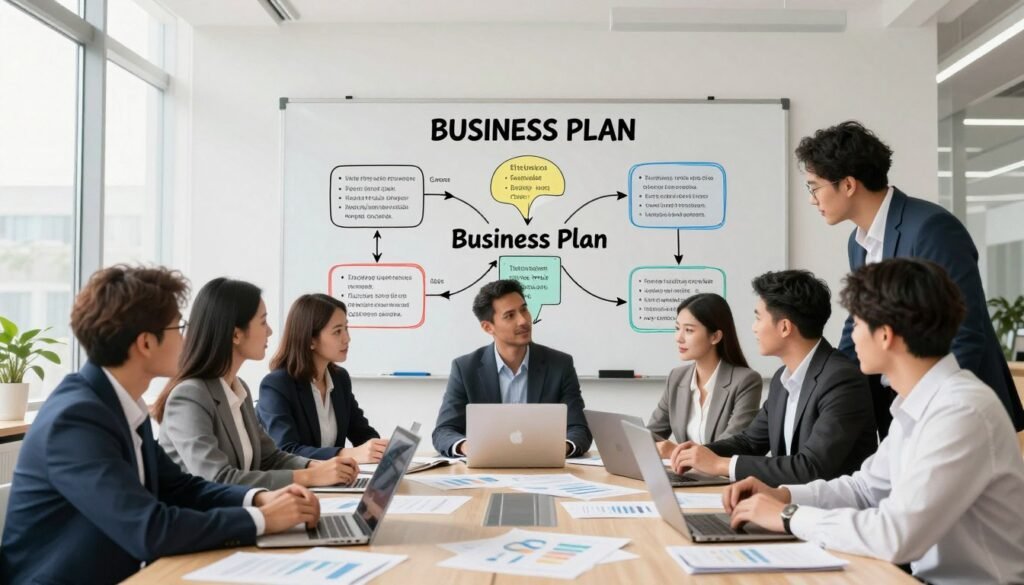 A visually compelling illustration of the key steps in creating an effective business plan. In the foreground, a diverse group of professionals, including men and women in smart business attire, are collaborating around a large table strewn with documents, charts, and laptops. The middle layer showcases a large whiteboard filled with colorful diagrams and bullet points representing various stages of a business plan. In the background, a bright, modern office environment, with natural light streaming through tall windows, creating a vibrant atmosphere. The scene conveys a sense of focus and collaboration, emphasizing teamwork and strategic planning. Soft shadows and warm lighting enhance the professional mood, capturing the essence of a productive business meeting. A visually compelling illustration of the key steps in creating an effective business plan. In the foreground, a diverse group of professionals, including men and women in smart business attire, are collaborating around a large table strewn with documents, charts, and laptops. The middle layer showcases a large whiteboard filled with colorful diagrams and bullet points representing various stages of a business plan. In the background, a bright, modern office environment, with natural light streaming through tall windows, creating a vibrant atmosphere. The scene conveys a sense of focus and collaboration, emphasizing teamwork and strategic planning. Soft shadows and warm lighting enhance the professional mood, capturing the essence of a productive business meeting.