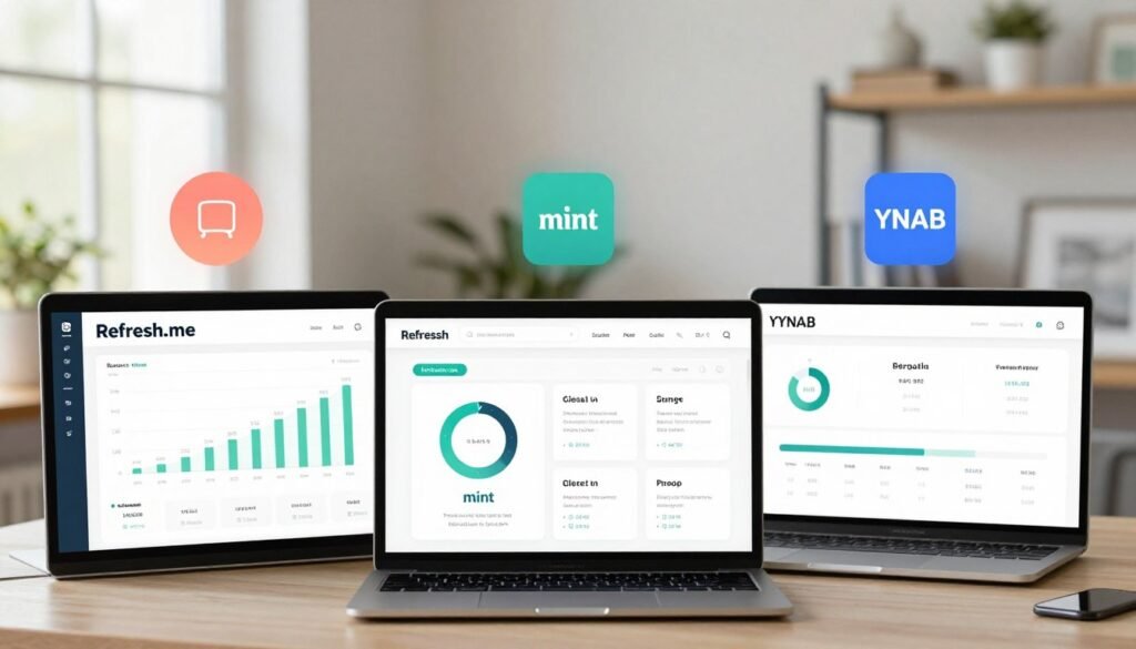 A visually engaging comparison graphic featuring three financial management application interfaces: Refresh.me, Mint, and YNAB. In the foreground, focus on sleek, modern digital screens showcasing the user-friendly dashboards of each app, highlighting their unique features. The middle ground should include abstract representations of financial concepts such as budgeting, savings, and investments, perhaps depicted through icons or charts. The background should subtly depict a stylish home office environment with soft, natural lighting filtering through a window, creating a bright and inviting atmosphere. The overall mood should be professional yet approachable, emphasizing the effectiveness of Refresh.me over its competitors in personal finance management. A visually engaging comparison graphic featuring three financial management application interfaces: Refresh.me, Mint, and YNAB. In the foreground, focus on sleek, modern digital screens showcasing the user-friendly dashboards of each app, highlighting their unique features. The middle ground should include abstract representations of financial concepts such as budgeting, savings, and investments, perhaps depicted through icons or charts. The background should subtly depict a stylish home office environment with soft, natural lighting filtering through a window, creating a bright and inviting atmosphere. The overall mood should be professional yet approachable, emphasizing the effectiveness of Refresh.me over its competitors in personal finance management.