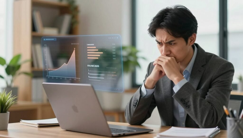 A visually engaging conceptual image that illustrates the theme of limitations and points of vigilance in online courses. In the foreground, a thoughtful professional in business attire, analyzing data on a laptop with furrowed brows, representing the critical viewpoint on online learning. The middle layer features a digital interface displaying graphs and charts of online course engagement metrics, subtly hinting at areas of concern like drop-off rates or user feedback. In the background, a cozy but modern learning environment with bookshelves and indoor plants conveys a welcoming yet serious atmosphere. Soft, natural lighting filters through a window, creating a calm yet focused mood. The composition emphasizes reflection on the complexities of online education while maintaining a professional context. A visually engaging conceptual image that illustrates the theme of limitations and points of vigilance in online courses. In the foreground, a thoughtful professional in business attire, analyzing data on a laptop with furrowed brows, representing the critical viewpoint on online learning. The middle layer features a digital interface displaying graphs and charts of online course engagement metrics, subtly hinting at areas of concern like drop-off rates or user feedback. In the background, a cozy but modern learning environment with bookshelves and indoor plants conveys a welcoming yet serious atmosphere. Soft, natural lighting filters through a window, creating a calm yet focused mood. The composition emphasizes reflection on the complexities of online education while maintaining a professional context.