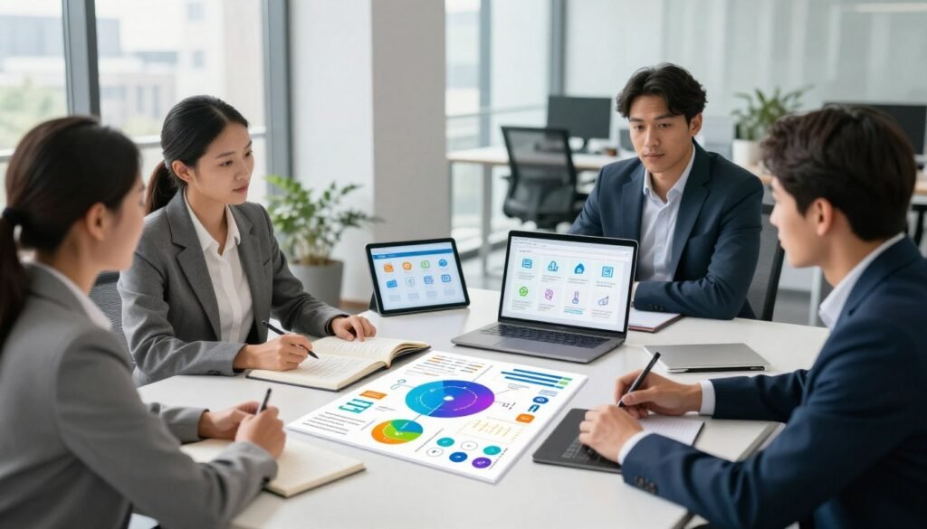 A visually engaging illustration depicting essential criteria for choosing automation tools. In the foreground, a diverse group of three professionals in smart business attire discuss options around a sleek, modern conference table. On the table, vibrant infographics and a laptop display colorful charts related to automation features. In the middle ground, an open notebook with handwritten notes and a digital tablet showcasing various automation software icons. The background features a contemporary office environment with large windows allowing natural sunlight to illuminate the scene, creating a productive and inspiring atmosphere. The mood is focused and collaborative, highlighting the decision-making process in a dynamic workspace. Use soft but bright lighting to enhance the sense of clarity and innovation. A visually engaging illustration depicting essential criteria for choosing automation tools. In the foreground, a diverse group of three professionals in smart business attire discuss options around a sleek, modern conference table. On the table, vibrant infographics and a laptop display colorful charts related to automation features. In the middle ground, an open notebook with handwritten notes and a digital tablet showcasing various automation software icons. The background features a contemporary office environment with large windows allowing natural sunlight to illuminate the scene, creating a productive and inspiring atmosphere. The mood is focused and collaborative, highlighting the decision-making process in a dynamic workspace. Use soft but bright lighting to enhance the sense of clarity and innovation.