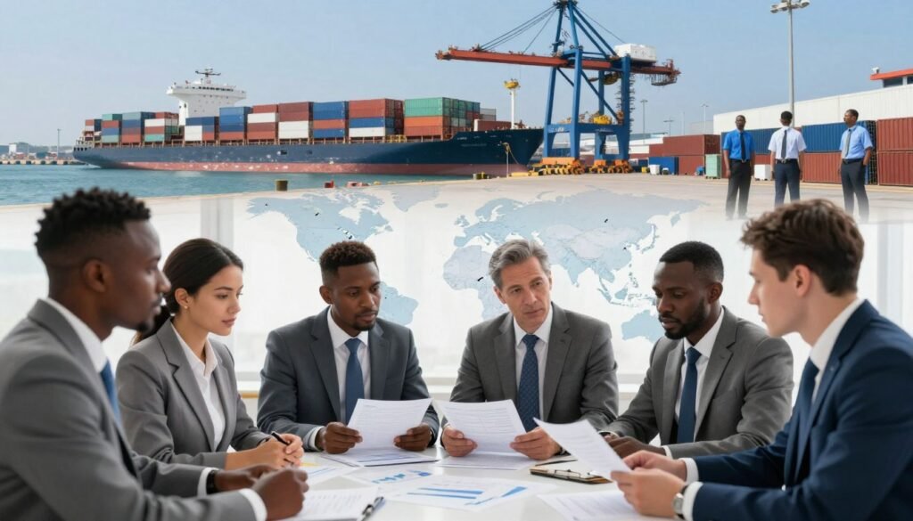 A visually engaging illustration depicting the key stages of the importation process in Africa. In the foreground, a diverse group of professional individuals in business attire, engaged in discussion while analyzing documents and charts on a table. The middle layer shows a world map with arrows indicating trade routes and shipping logistics. In the background, a bustling port scene with shipping containers being loaded onto ships, cranes in operation, and customs officials overseeing the process. The lighting is bright and natural, emphasizing a sense of clarity and opportunity, with a focused angle that draws attention to the collaboration and essential elements of the importation process. The atmosphere is dynamic and productive, illustrating the potential of importing to Africa. A visually engaging illustration depicting the key stages of the importation process in Africa. In the foreground, a diverse group of professional individuals in business attire, engaged in discussion while analyzing documents and charts on a table. The middle layer shows a world map with arrows indicating trade routes and shipping logistics. In the background, a bustling port scene with shipping containers being loaded onto ships, cranes in operation, and customs officials overseeing the process. The lighting is bright and natural, emphasizing a sense of clarity and opportunity, with a focused angle that draws attention to the collaboration and essential elements of the importation process. The atmosphere is dynamic and productive, illustrating the potential of importing to Africa.