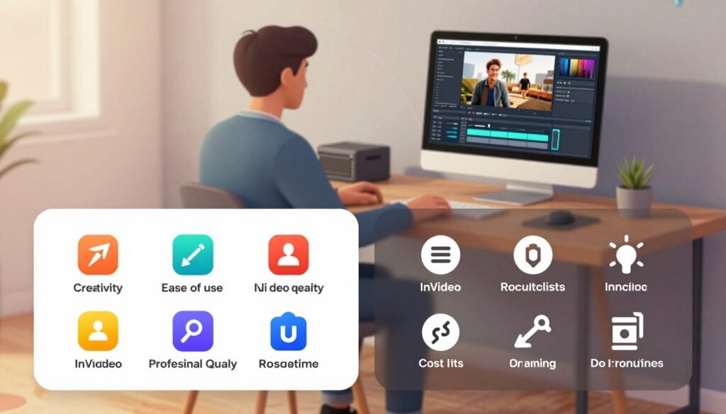 A visually engaging infographic illustrating the advantages and disadvantages of using InVideo for video creation. In the foreground, depict two contrasting panels: one showcasing bright, vibrant icons and symbols representing benefits like creativity, ease of use, and professional quality; the other featuring muted tones and symbols for drawbacks like complexity, cost, and learning curve. In the middle ground, include an abstract representation of a video editor at work, with sleek editing tools and a computer screen displaying video clips. In the background, create a subtle blend of geometric shapes and soft gradients to evoke a digital environment. Use warm, inviting lighting to create a positive atmosphere, while keeping shadows subtle to maintain a professional look suitable for an article. A visually engaging infographic illustrating the advantages and disadvantages of using InVideo for video creation. In the foreground, depict two contrasting panels: one showcasing bright, vibrant icons and symbols representing benefits like creativity, ease of use, and professional quality; the other featuring muted tones and symbols for drawbacks like complexity, cost, and learning curve. In the middle ground, include an abstract representation of a video editor at work, with sleek editing tools and a computer screen displaying video clips. In the background, create a subtle blend of geometric shapes and soft gradients to evoke a digital environment. Use warm, inviting lighting to create a positive atmosphere, while keeping shadows subtle to maintain a professional look suitable for an article.