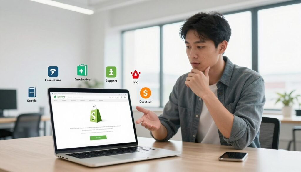 A visually engaging, informative illustration showcasing the pros and cons of Shopify for online stores. In the foreground, a laptop displaying the Shopify interface, surrounded by icons symbolizing various advantages like ease of use, customization, and support, contrasting with icons representing disadvantages such as costs, complexity, and limitations. In the middle ground, a professional-looking individual in smart casual attire gestures toward the laptop, embodying a thoughtful analysis. The background features a modern, minimalistic office setting with natural light streaming through a large window, creating a bright and encouraging atmosphere. The scene captures a sense of professionalism and clarity, emphasizing decision-making in e-commerce. Use a wide-angle lens for depth, with soft lighting to enhance the positive mood. A visually engaging, informative illustration showcasing the pros and cons of Shopify for online stores. In the foreground, a laptop displaying the Shopify interface, surrounded by icons symbolizing various advantages like ease of use, customization, and support, contrasting with icons representing disadvantages such as costs, complexity, and limitations. In the middle ground, a professional-looking individual in smart casual attire gestures toward the laptop, embodying a thoughtful analysis. The background features a modern, minimalistic office setting with natural light streaming through a large window, creating a bright and encouraging atmosphere. The scene captures a sense of professionalism and clarity, emphasizing decision-making in e-commerce. Use a wide-angle lens for depth, with soft lighting to enhance the positive mood.